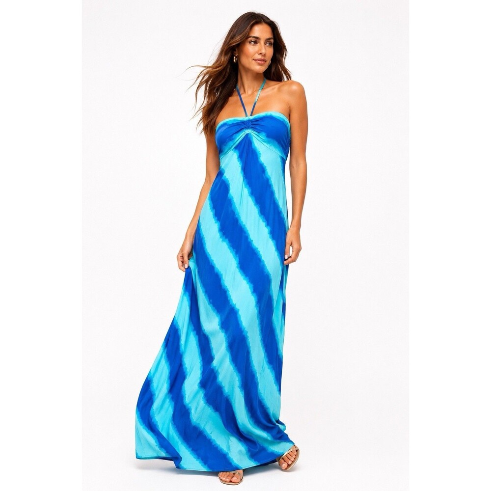 Michael Michael Kors Silk Halter Maxi Dress Blue Aqua Watercolor Stripe Size 6